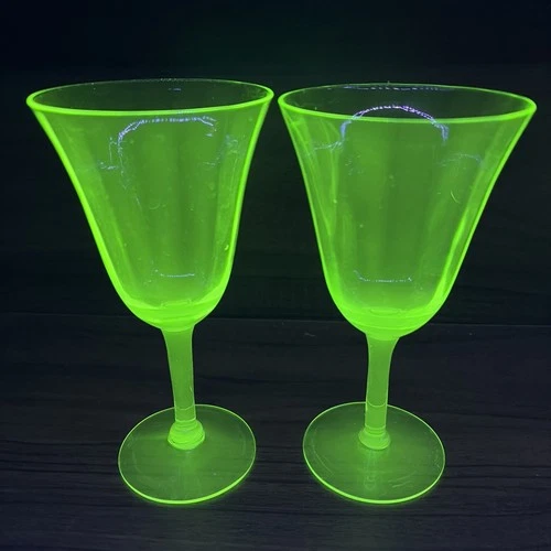 1930s Depression Era Tiffin Green Uranium Glass Wine Water Goblets Challis 6.75"