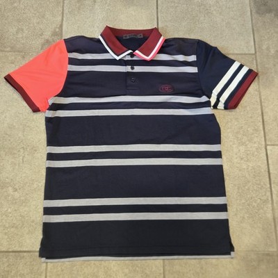 Men's G/Fore Short Sleeve Sz M Golf Polo Shirt Navy Gray Stripes G4MF22K114