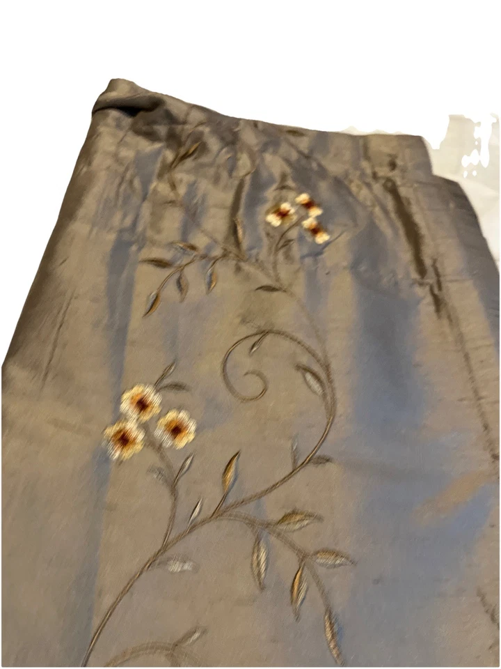 Vintage Chris Madden 100% Silk Curtain Panel Drapes Brown Floral Embroidered - Image 4 of 4