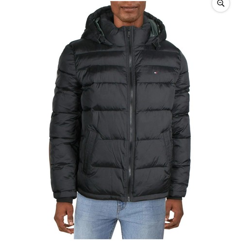 Tommy Hilfiger Mens Quilted Winter Puffer Jacket Black Size XL Hooded Warm Snow - Picture 3 of 14