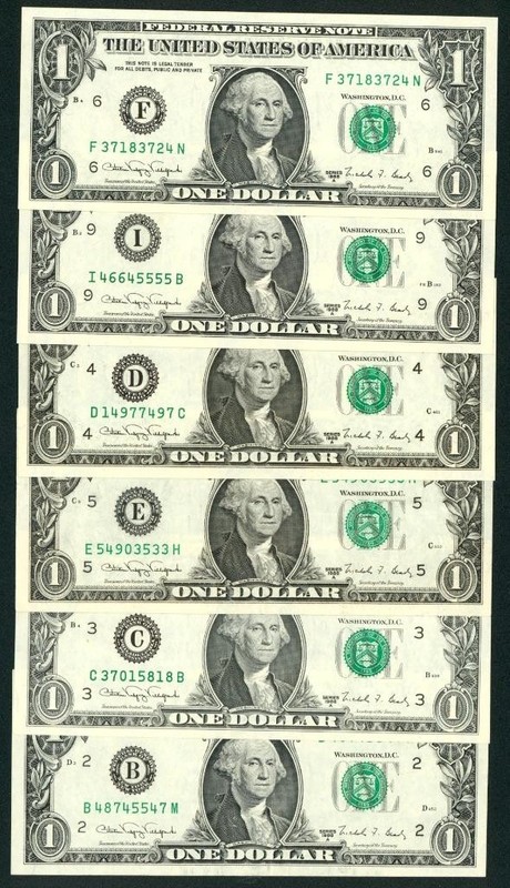 (( 6 NOTES )) $1 1988 ((AU)) Federal Reserve Note ** PAPER CURRENCY AUCTIONS