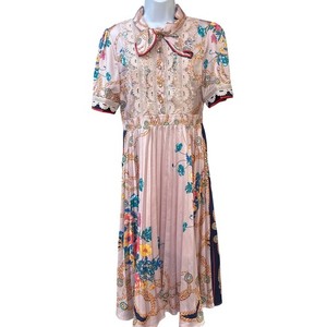 knee length dresses for ladies Short Sleeve Tie Neck Floral Mini Dress With Lace Trim – DALIA MACPHEE main image 1