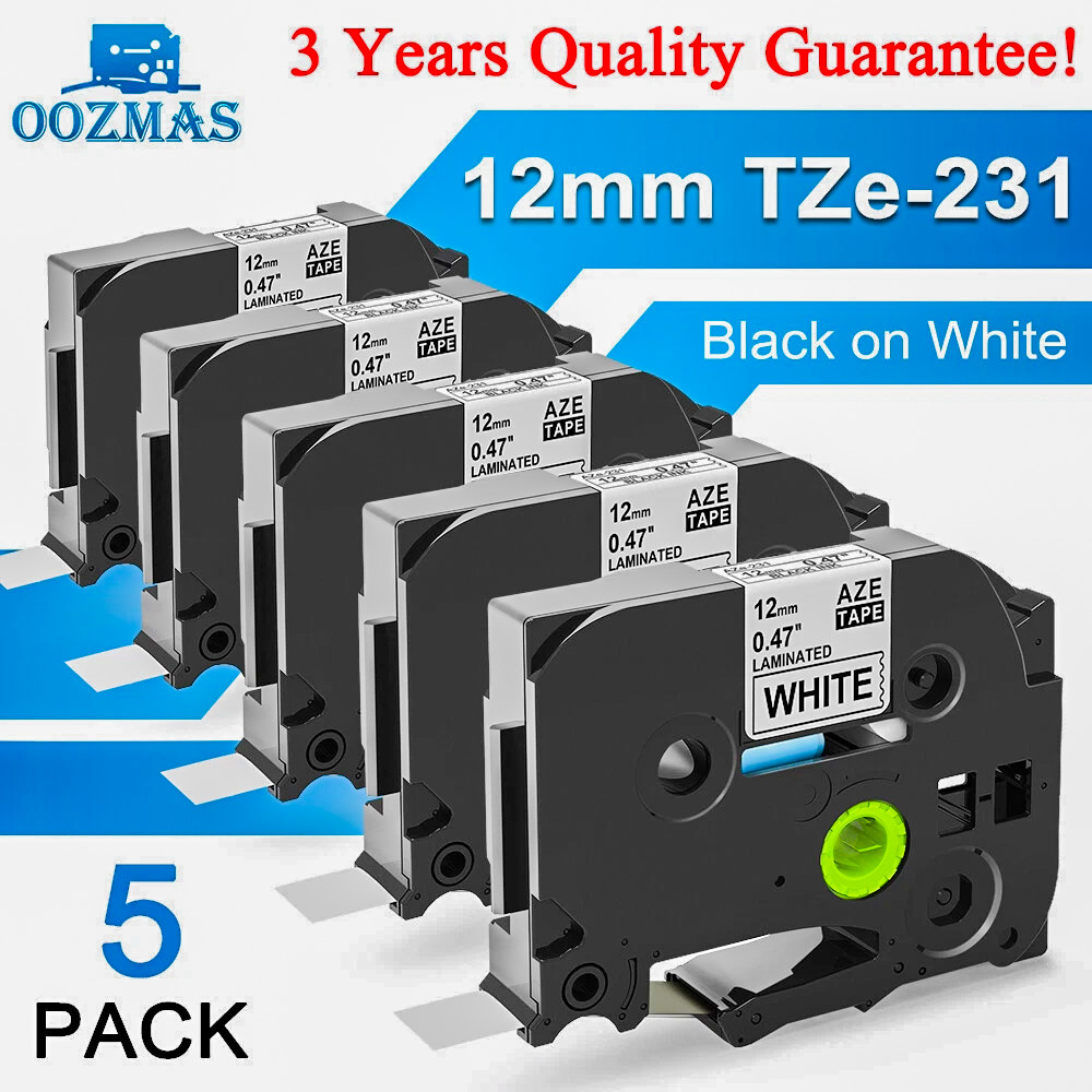 5PK Replace For Brother P-Touch TZe-231 TZ-231 12mm White Laminated Label Tape