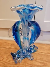 Art Glass with Two Dolphins Wave Statue Blue White Clear Vase 9.5" Fused