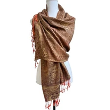 PASHMINA VINTAGE Scarf Shawl Wrap Gold Brown Orange One Size 27.5" x 68" Fringe