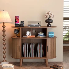 Large round Record Player Stand with Charging Station & USB Ports，Record Storage