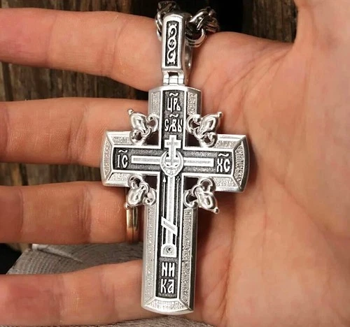 Big Men Pectoral Golgotha Crucifix Christian Orthodox Prayer Cross Silver 925