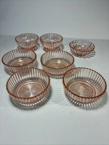 Anchor Hocking Fortune, Pink Queen Mary Fruit, Sherbert Bowls   Pink Glass 7 Pc