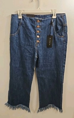 NWT Risen High Waist Dark Blue Denim Wide Leg Jeans 5 Button And Raw Hem