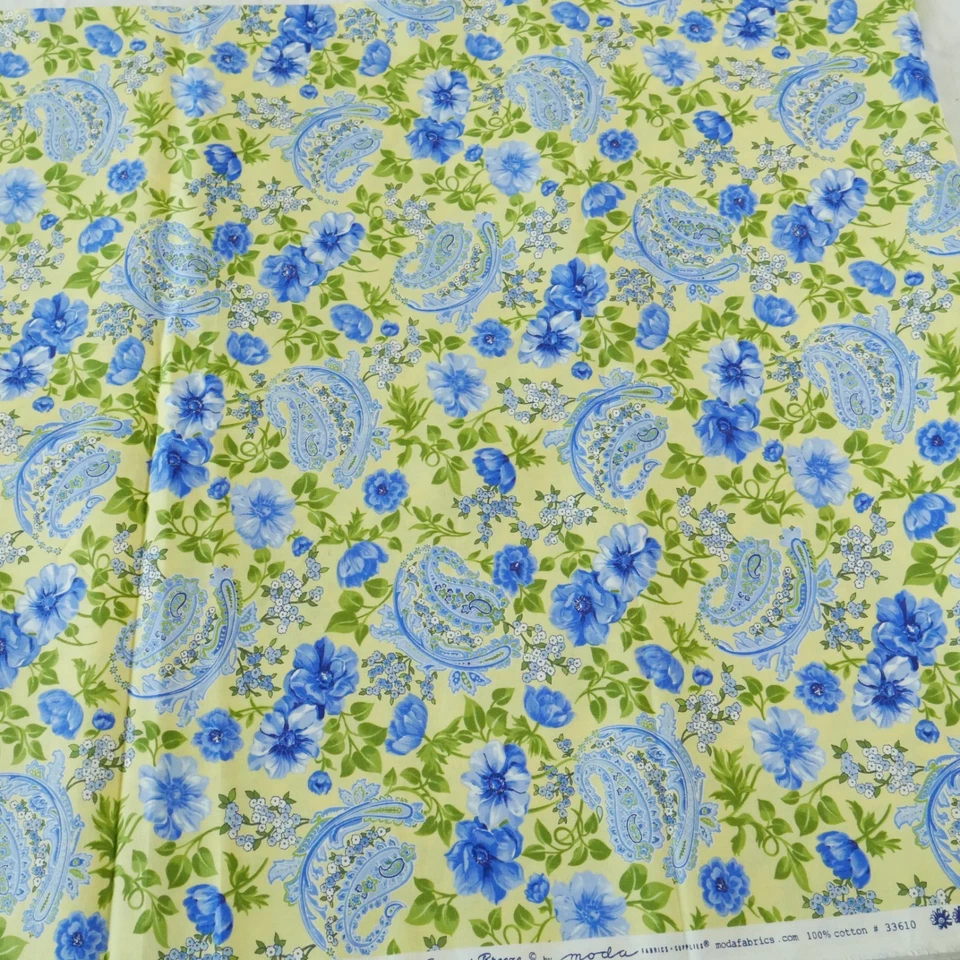 Moda Summer Breeze Quilt Cotton Fabric 4Y Blue Floral Paisley Yellow Spring - Image 2 of 4