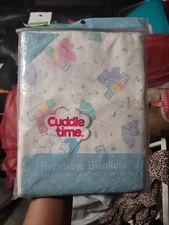 Cuddle Time 2pk Receiving Blanket Baby Blocks Teddy Bear Cotton Flannel Vtg NEW