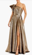 Mac Duggal Antique Bronze Crinkle Metallic Ruffle One Shoulder Gown Size 10