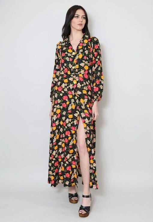 70's Vintage Ladies Black Floral Long Sleeve Boho Dagger Collar Maxi Dress