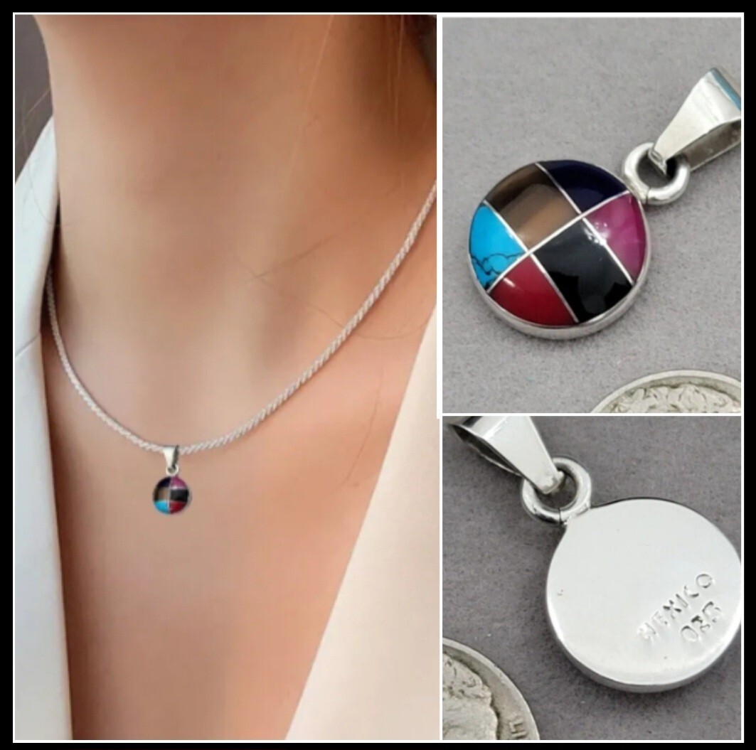 VINTAGE Mexico Sterling Silver 925 Inlay Pendant Blue Turquoise 