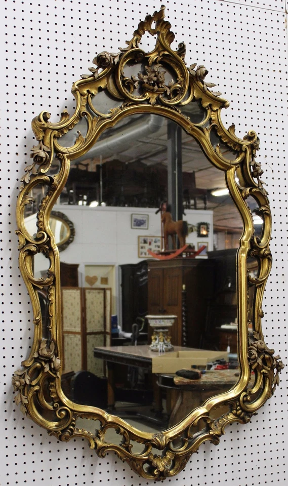 Antique HIGH QUALITY Gold Country French LouisXV Heavy Carved Wood Mirror C1870  - Image 3 of 4