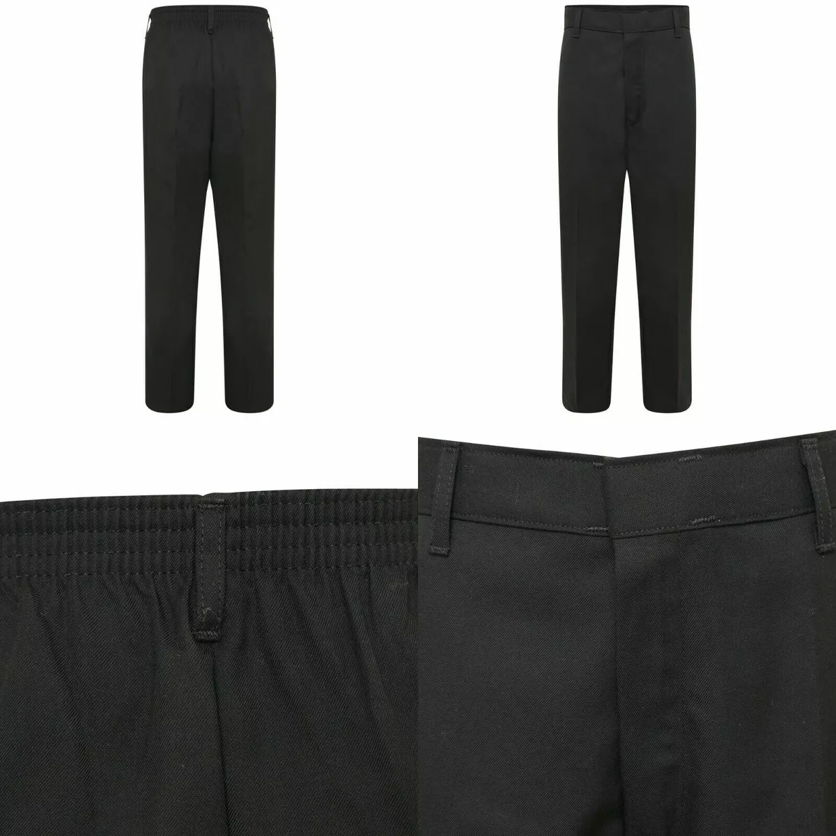 Boys Kids Black Half Elastic Waist Trousers School Uniform Trouser