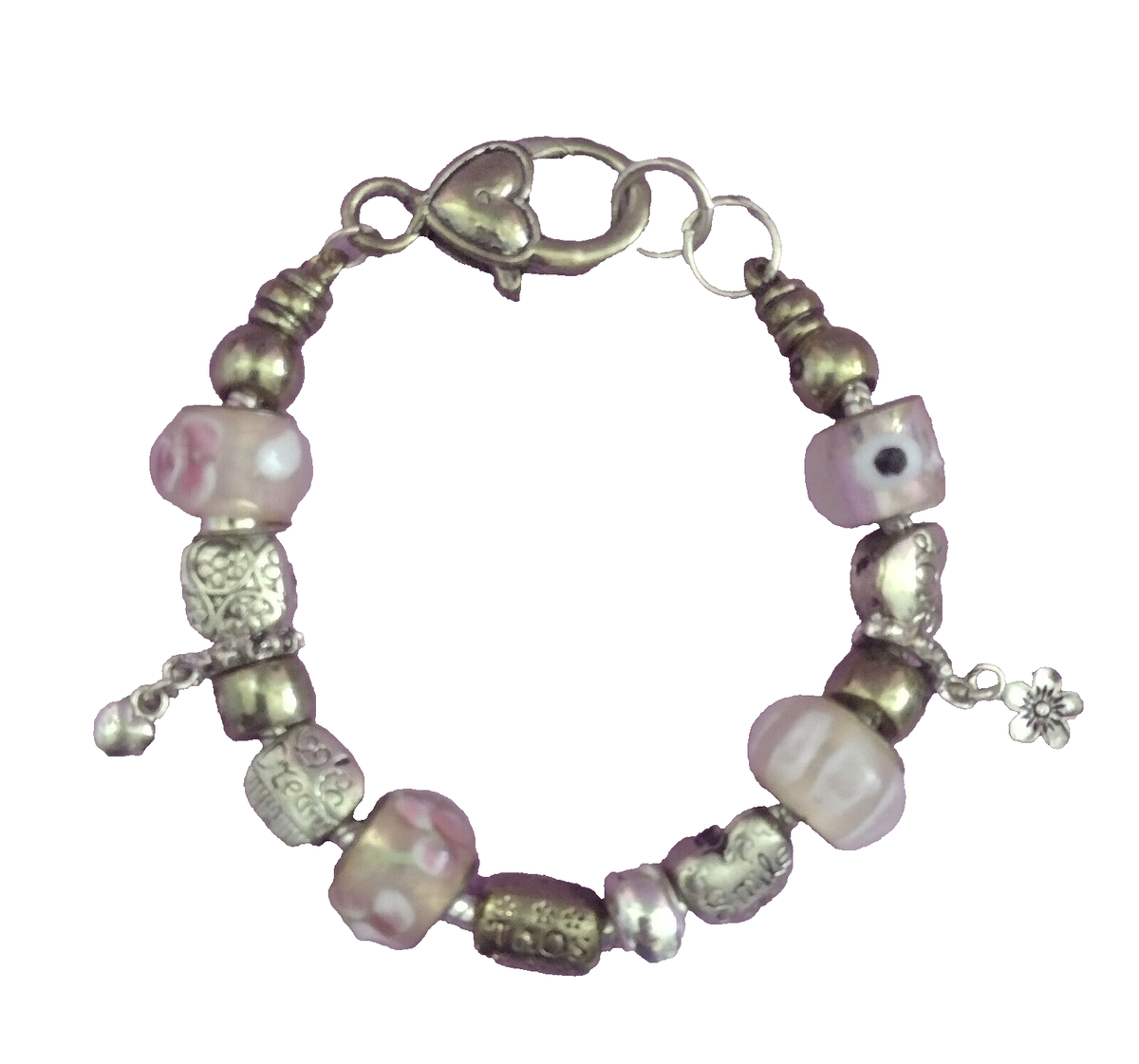 Beaded Charm Bracelet Pink Floral Glass Silver Tone Heart Love