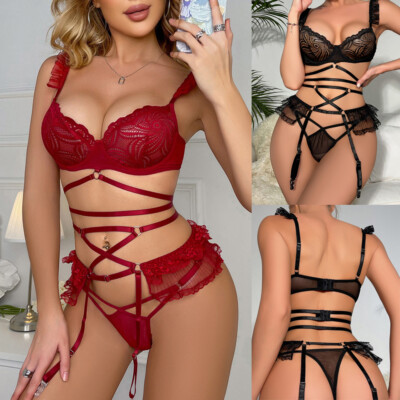 Women Sexy Lingerie Lace Babydoll Bodysuit Strap Garter Set Underwear  Nightwear