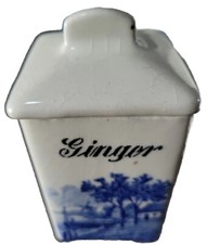 Minerva Porcelain Herb Canister GINGER Blue White Windmill 4.5x2in Vtg Germany