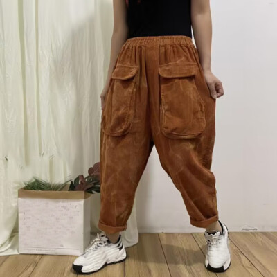 New Womens Retro Corduroy Harem Pants Baggy Elastic Waist Pocket Casual Trousers