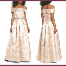 NEW $308 Eliza J Belted Off Shoulder Jacquard Ballgown Champagne [SZ 6  ] #E712