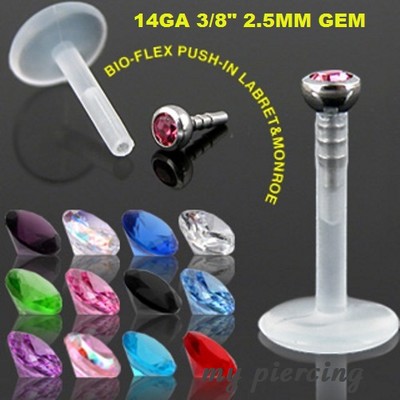 1PC. 14g~3/8'' Bio Flex Push-In Labret Monroe with 316L Steel Press Fit 2.5mm Gem