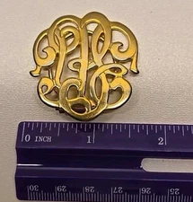 VINTAGE SCARF CLIP HOLDER GOLD TONE METAL VICTORIAN REVIVAL MONOGRAM JEWELRY