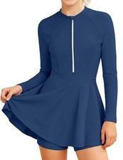 Girls Rash Guard Swimsuit Solid Color Piece Bathing Suit Long Sleeve Half-Zip...