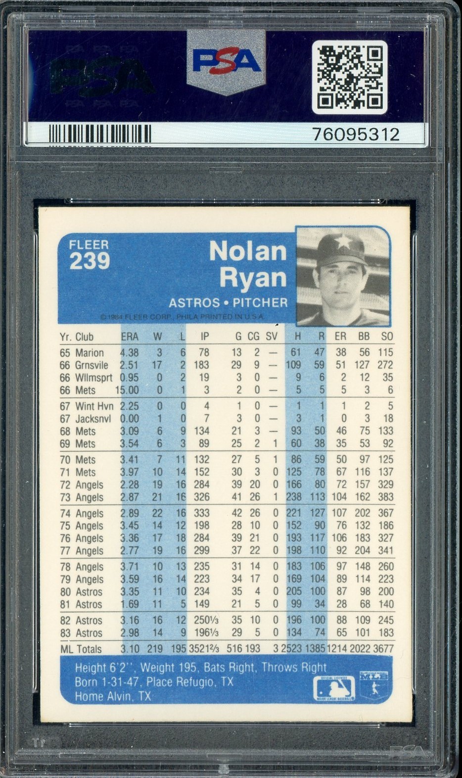 1984 Fleer #239 Nolan Ryan Houston Astros HOF PSA 9 MINT view 2