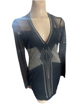 Bebe Dress black gold stud w mesh long sleeve luxury stunning! Sz S
