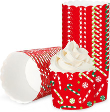 100Pcs Christmas Paper Baking Cups Red Green Candy Cane Cupcake Wrappers Scallop