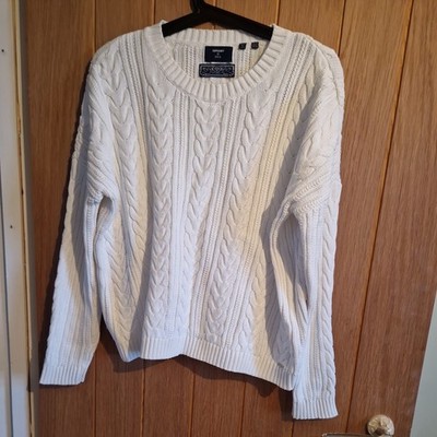 SUPERDRY Damen Pullover weiß Zopfmuster Rundhals UK 12 EU 40 Baumwolle