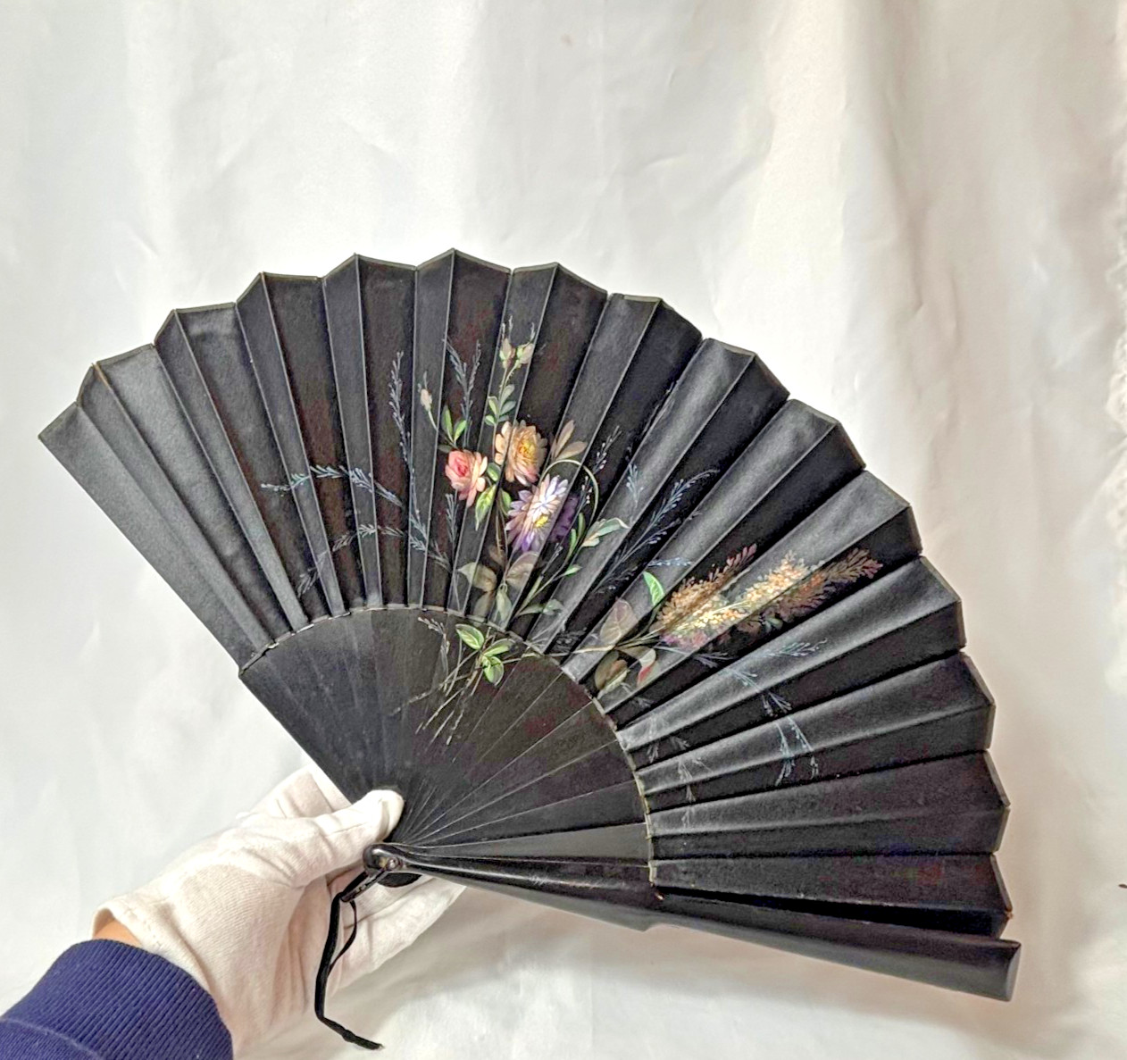 Victorian Mourning Fan Folding Black Satin Painted Flowers & Foliage Black Wood