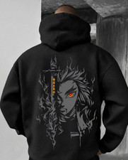 Demon Slayer Rengoku Portrait Hoodie | Anime Flame Sword, Red Eye Graphic