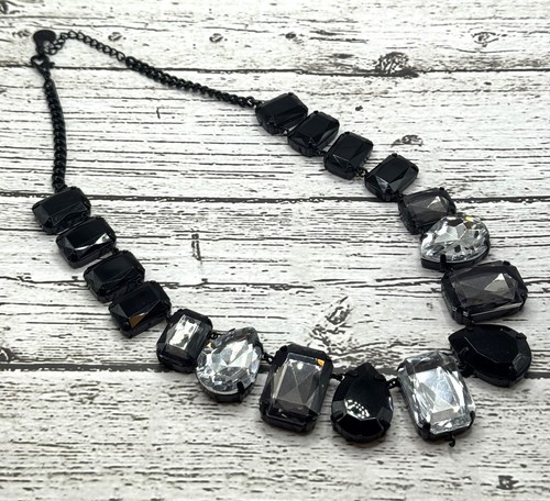 Vintage Liz Claiborne Black Smoky and Clear Jeweled Chunky Necklace Y2K  18" L