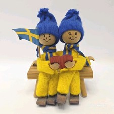 Swedish Ljungstroms Wood Tomte Elf Couple Sitting on Bench Figurine W/Flag