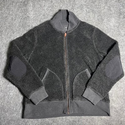 GAP Men's Black Sherpa Full Zip Bomber Jacket XL Stand Collar Elbow Patches