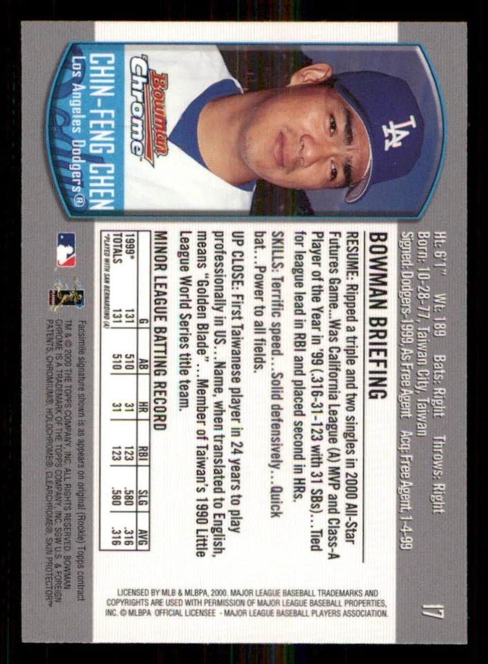 2000 Bowman Chrome Draft #17 Chin-Feng Chen RC - Image 2 of 2