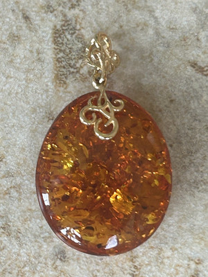 14K Gold Genuine Baltic Amber Cognac Teardrop  Pendant