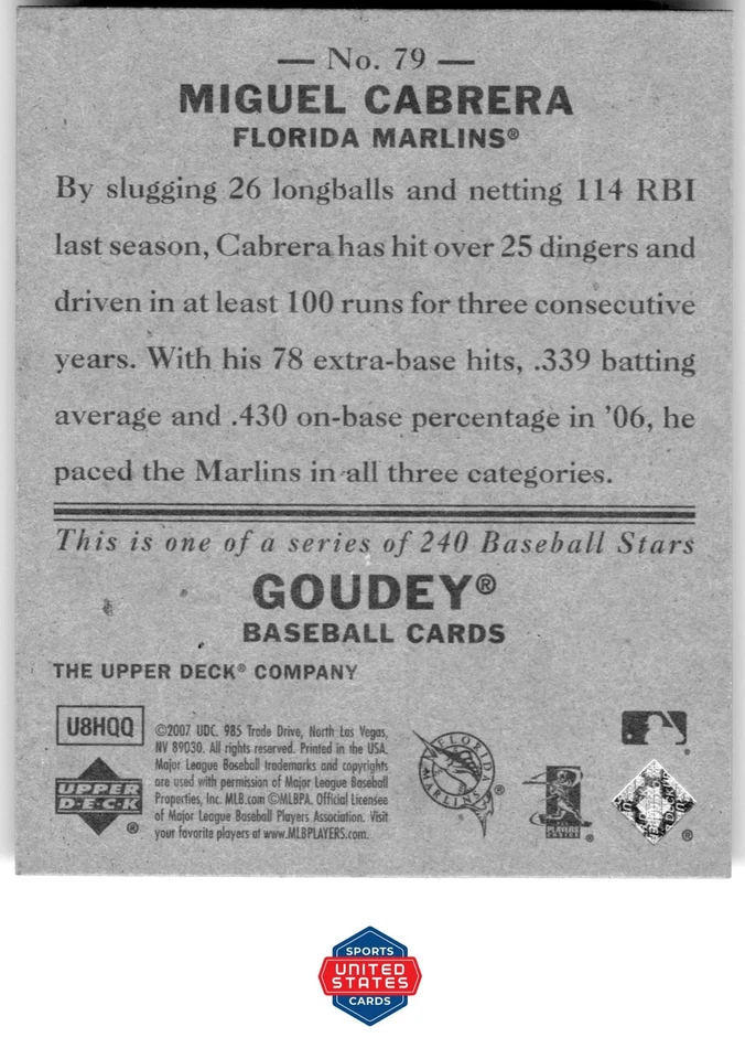 Upper Deck Goudey #79 Miguel Cabrera 2007 Foto 2 de 2
