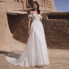 Attractive Wedding Dress Off the Shoulder Zipper A-line Appliques Tulle Pleat