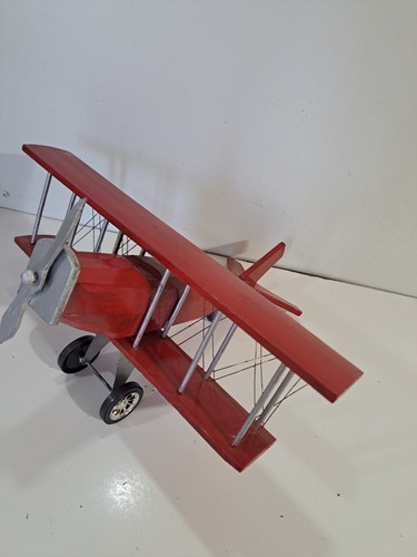Large Wooden Model Propeller Bi Plane Airplane Red & Silver