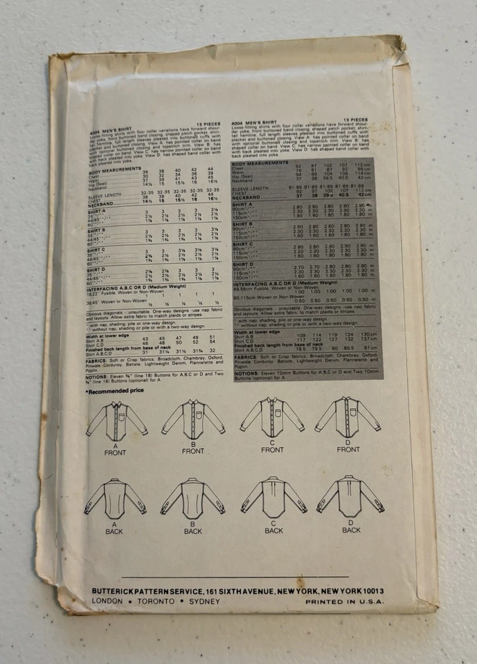 Butterick 4004 Size 16 1/2 Men’s Shirt Sewing Pattern UNCUT VINTAGE - Image 2 of 2