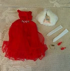 Vintage BARBIE JUNIOR JR PROM Red Dress, Fur Wrap, Heels, Gloves, Necklace #1614