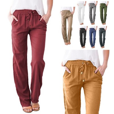 Damen atmungsaktiv Freizeithose Frauen Baumwolle Leinen lose weites Bein Hose