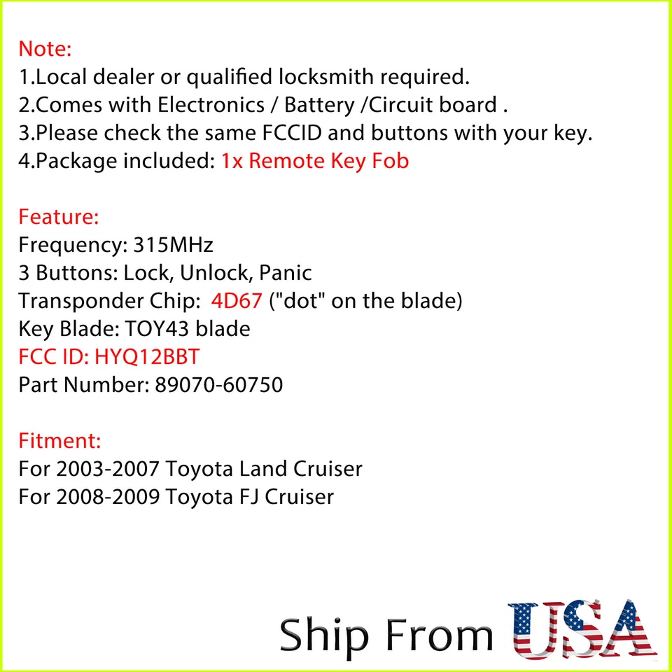 Llavero remoto para Toyota Land Cruiser 2008 2009 FJ Cruiser 2003-2007 HYQ12BBT Foto 2 de 4