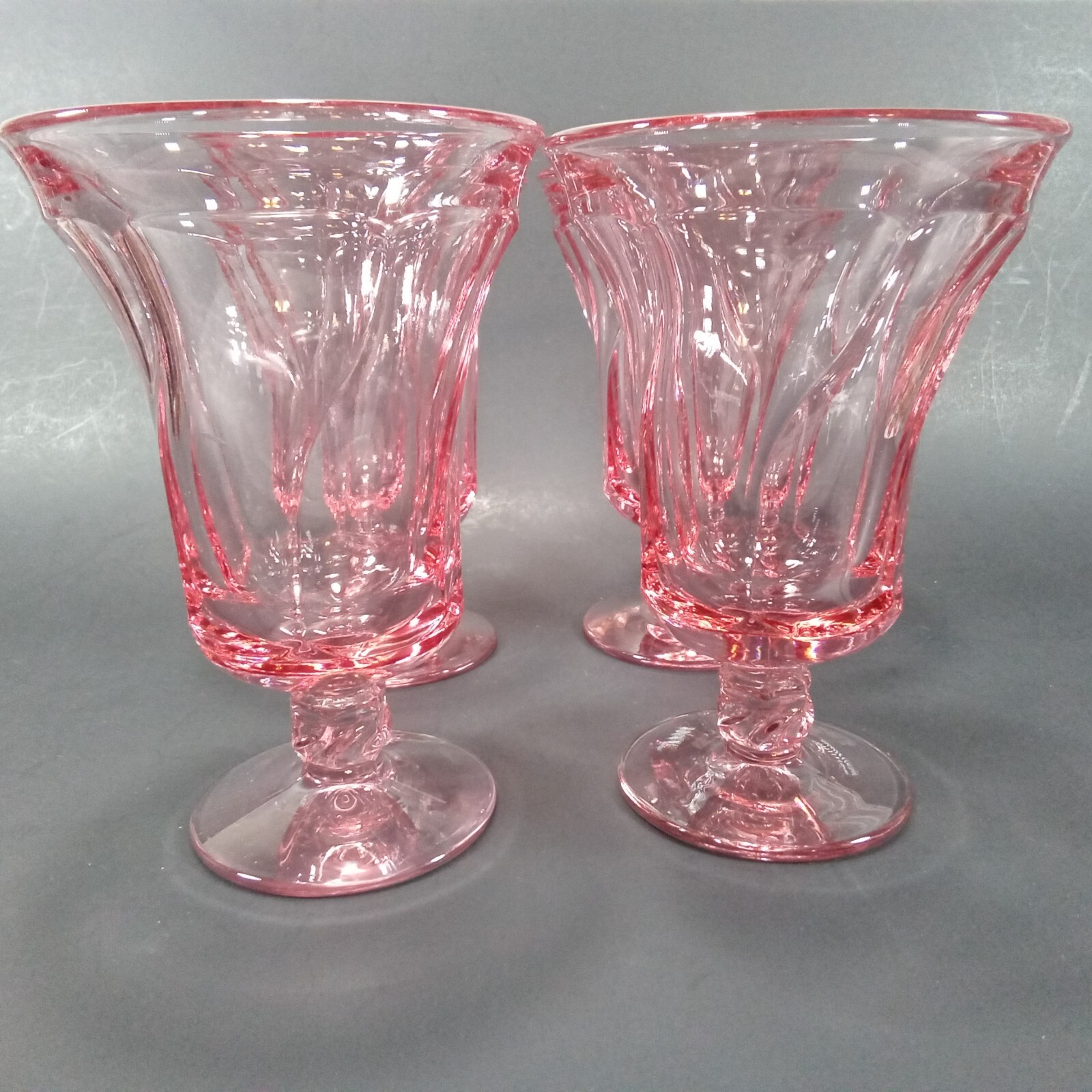 4 Vintage Fostoria Jamestown Pink Iced Tea Footed Swirl Glasses 6 1/8