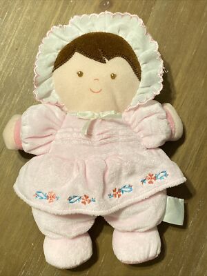 Prestige My First Doll Pink Flower Rattle Plush Baby Bonnet Brown Hair Lovey 9 