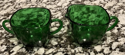 Vintage Anchor Hocking Charm Forest Green Square Creamer & Sugar Set Depression