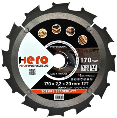 Kreissägeblatt 170 x 20/16 mm 12Z Profi HM Sägeblatt TCT Sägeblätter Holz HERO